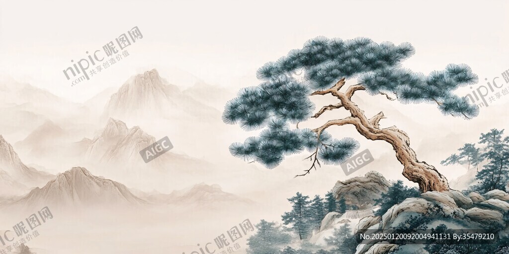 迎客松松树禅意山水