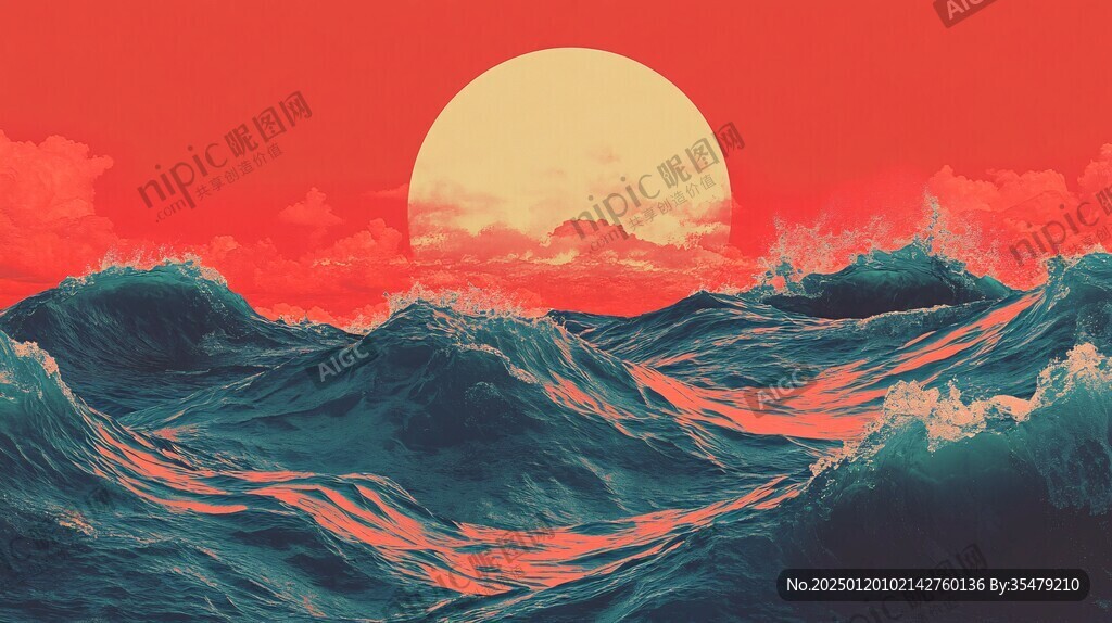 手绘海浪旭日东升