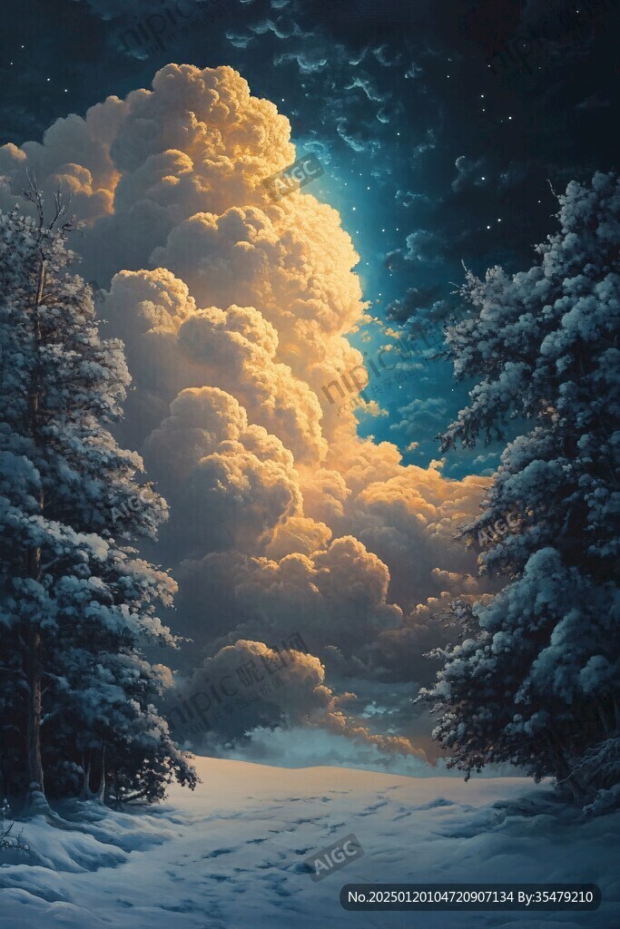 手绘雪夜风景无框画