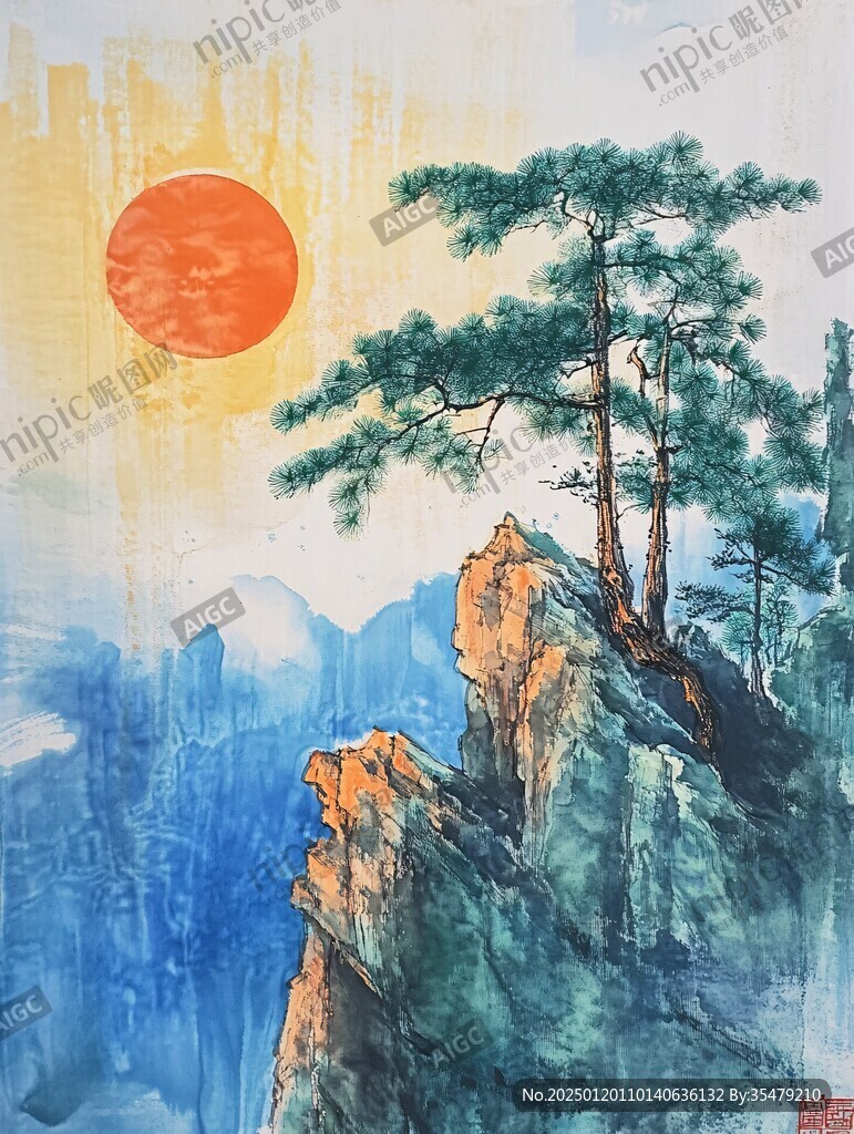 旭日东升迎客松