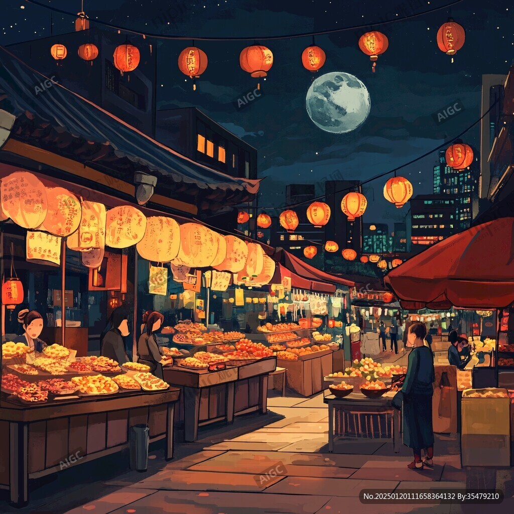 手绘夜市场景
