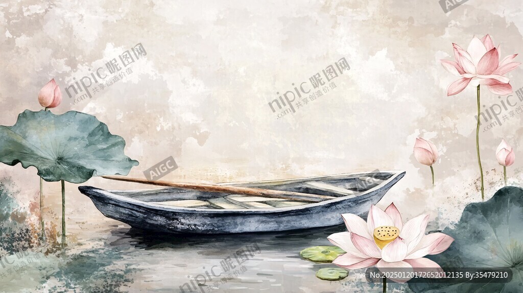 意境风景画水彩荷花