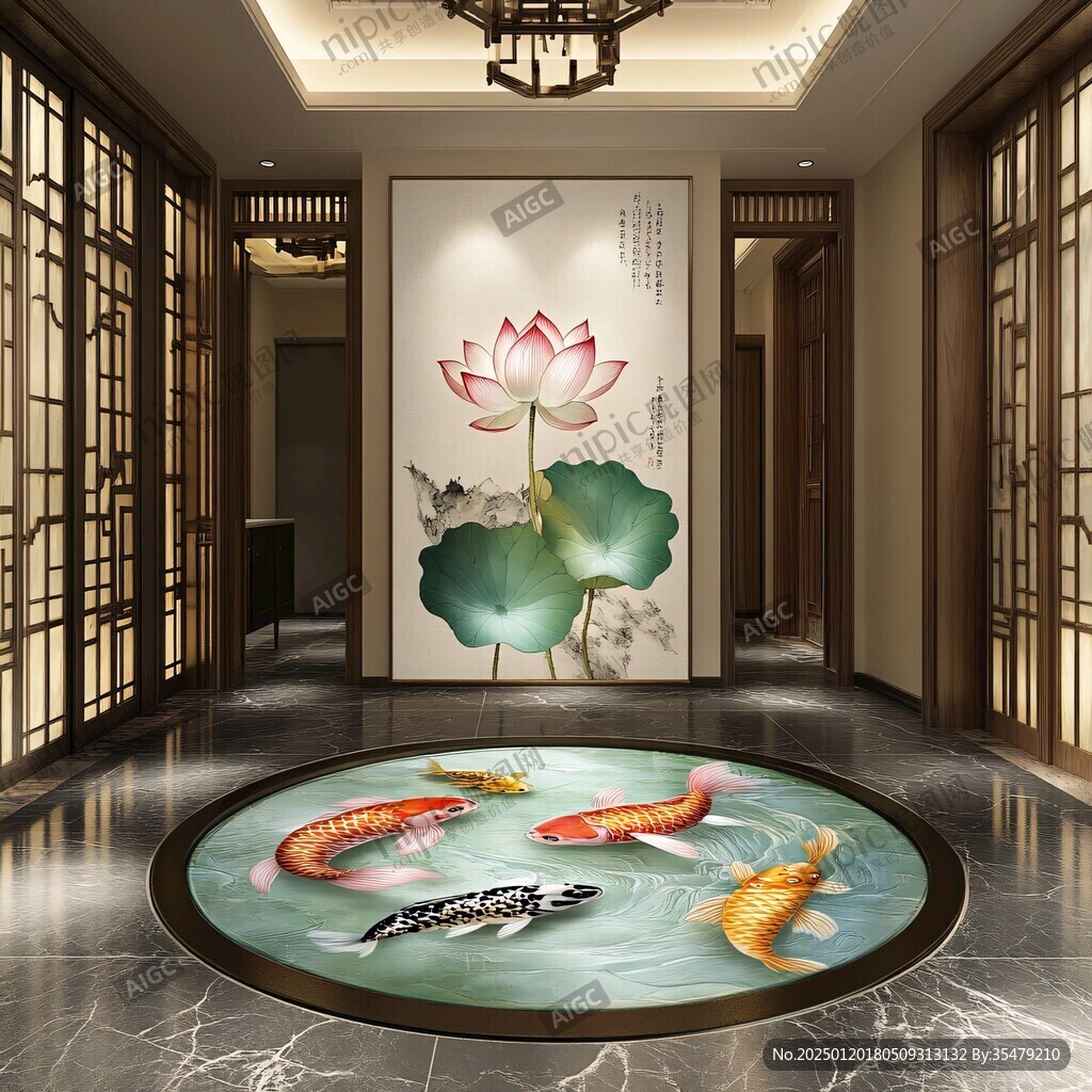 3d荷花鲤鱼圆形画