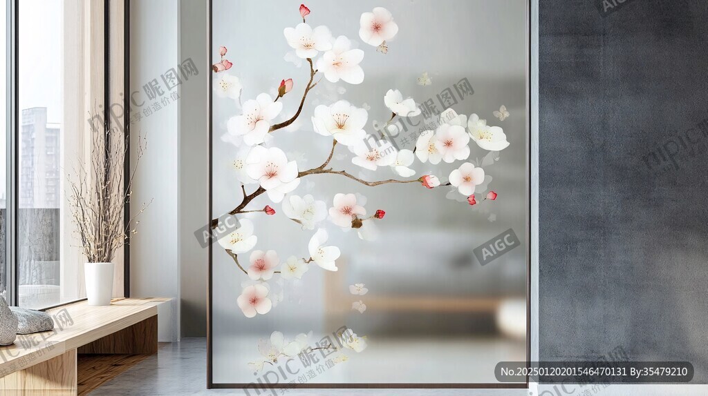 手绘梅花玻璃画
