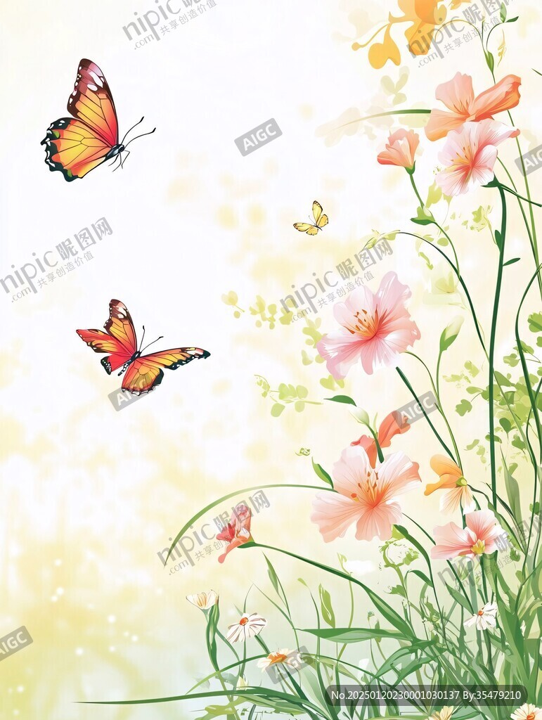 百合花春天蝴蝶飞鸟