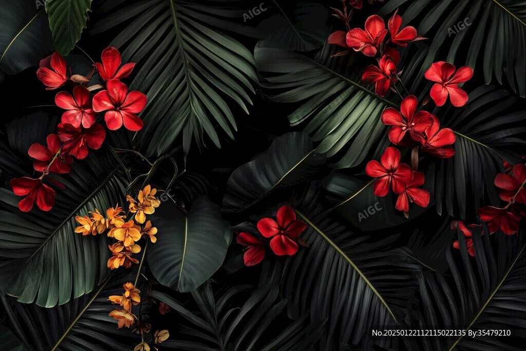 田园风热带树叶花朵