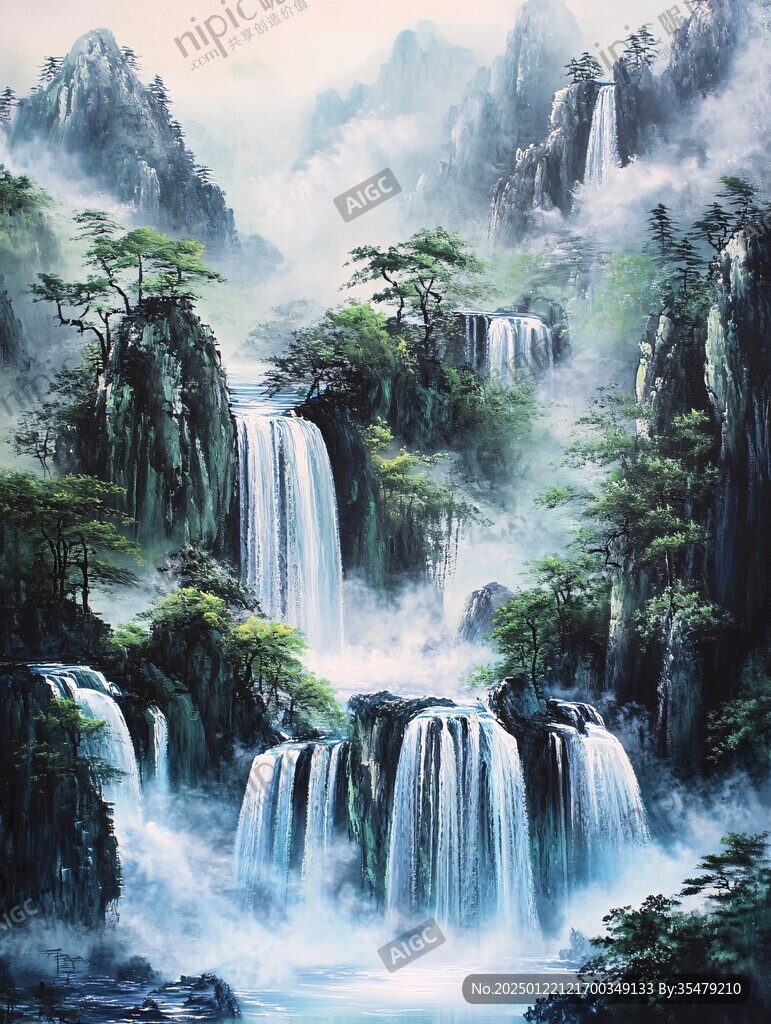 山水风景油画瀑布
