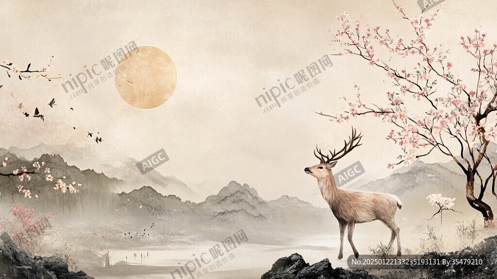麋鹿山水画