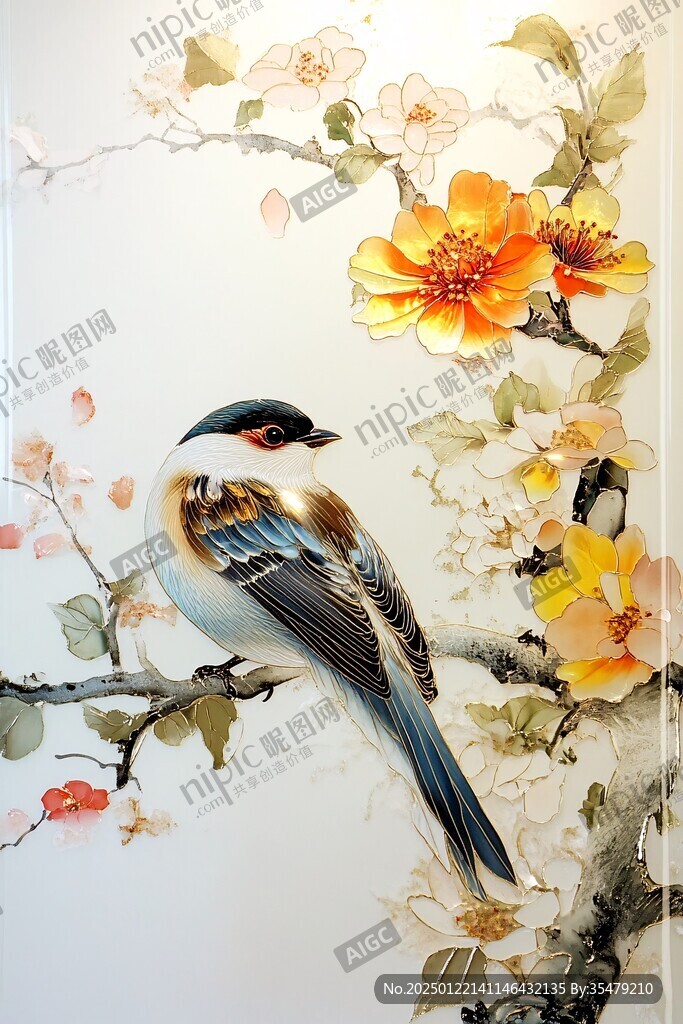 手绘花鸟玻璃画