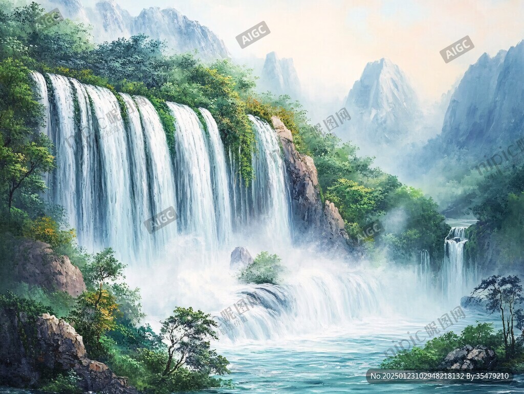 山水风景油画瀑布