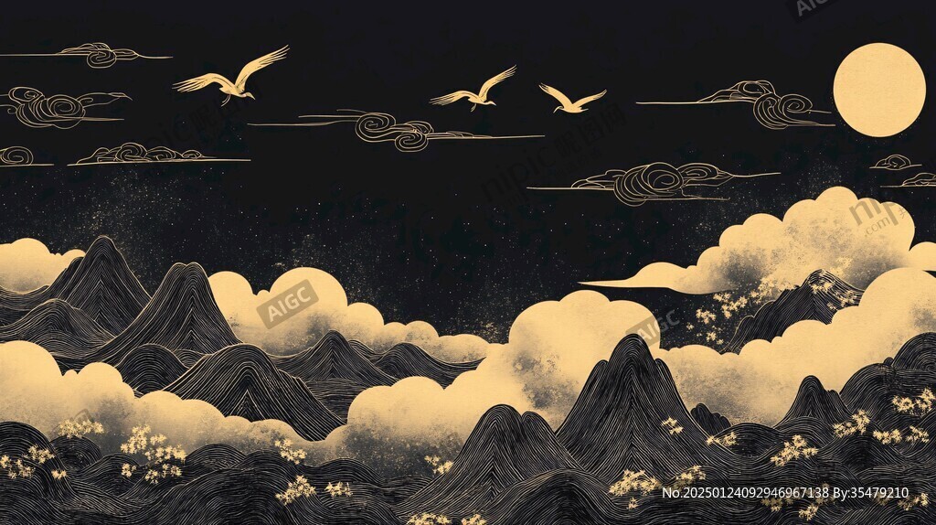 仙鹤云纹山水插画