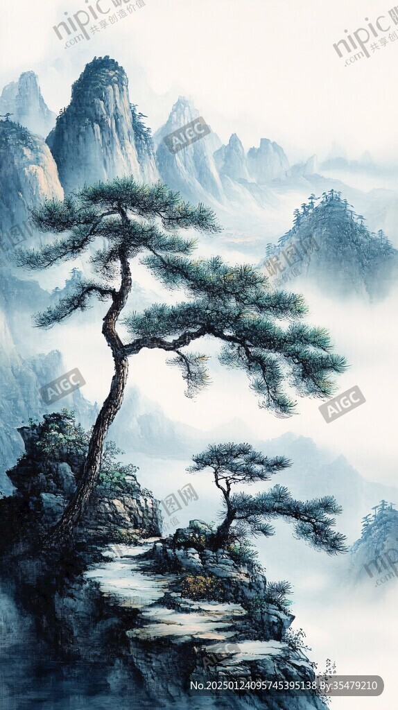 迎客松松树禅意山水