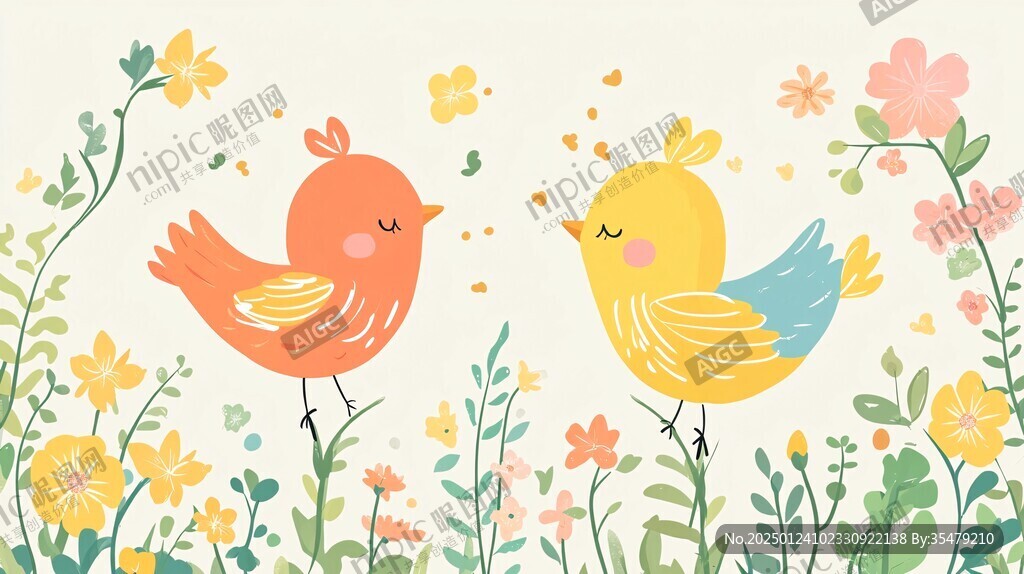 手绘鸟类春天插画