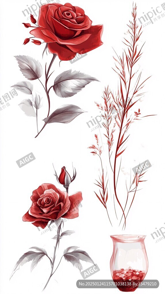 写实手绘玫瑰花素材