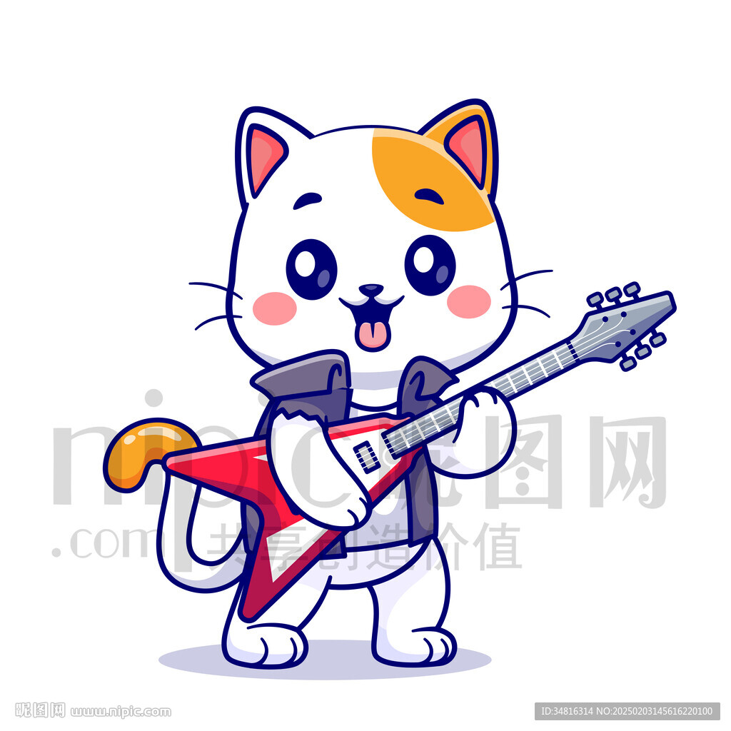 可爱卡通弹贝斯的猫咪