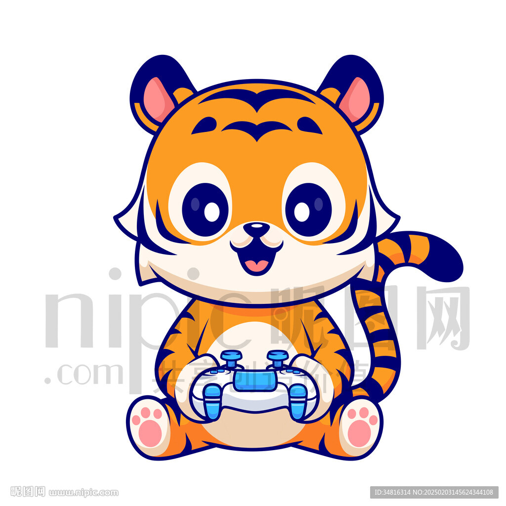 可爱卡通打电玩的老虎