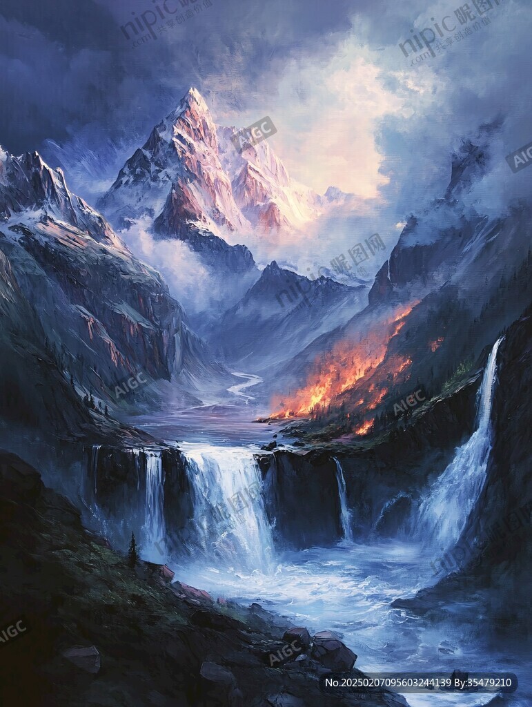 山水风景油画瀑布