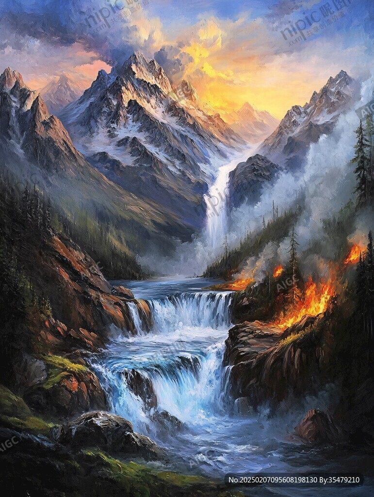 山水风景油画瀑布