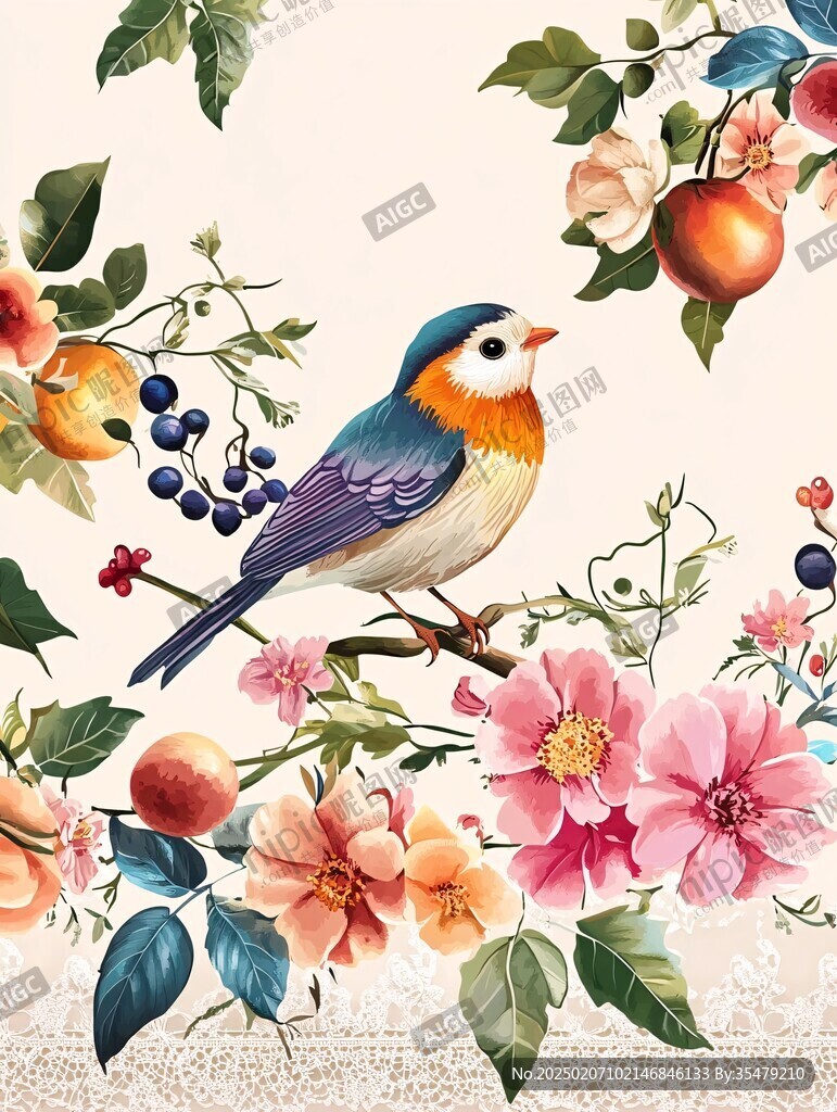 欧美风格鸟花卉