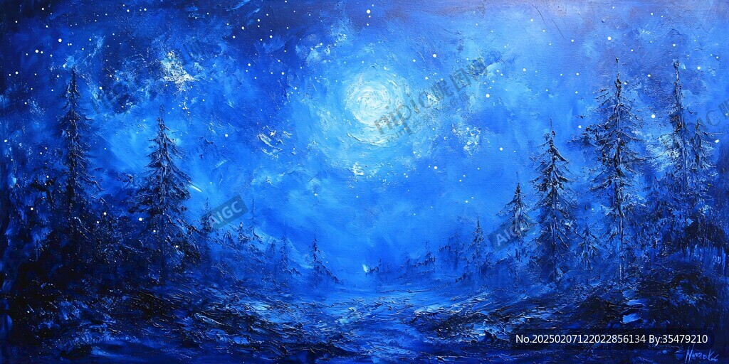 手绘雪夜风景无框画