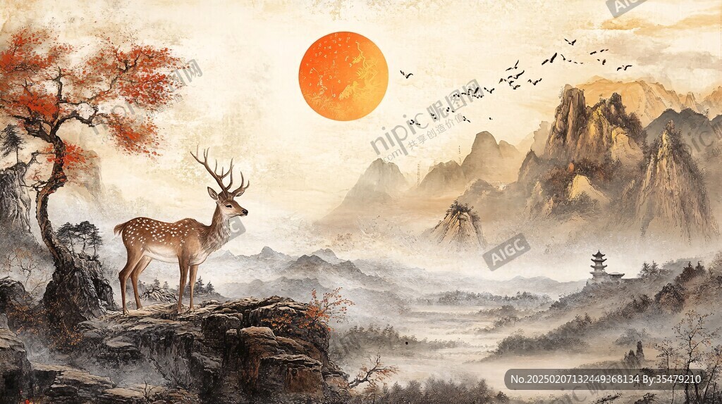 麋鹿山水画