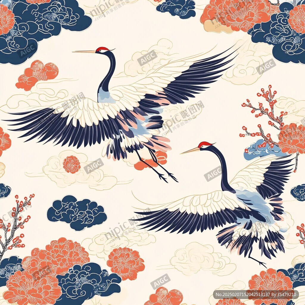 仙鹤云纹山水插画