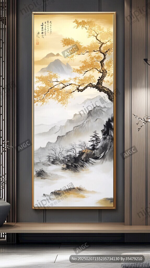 银杏山水壁画挂画