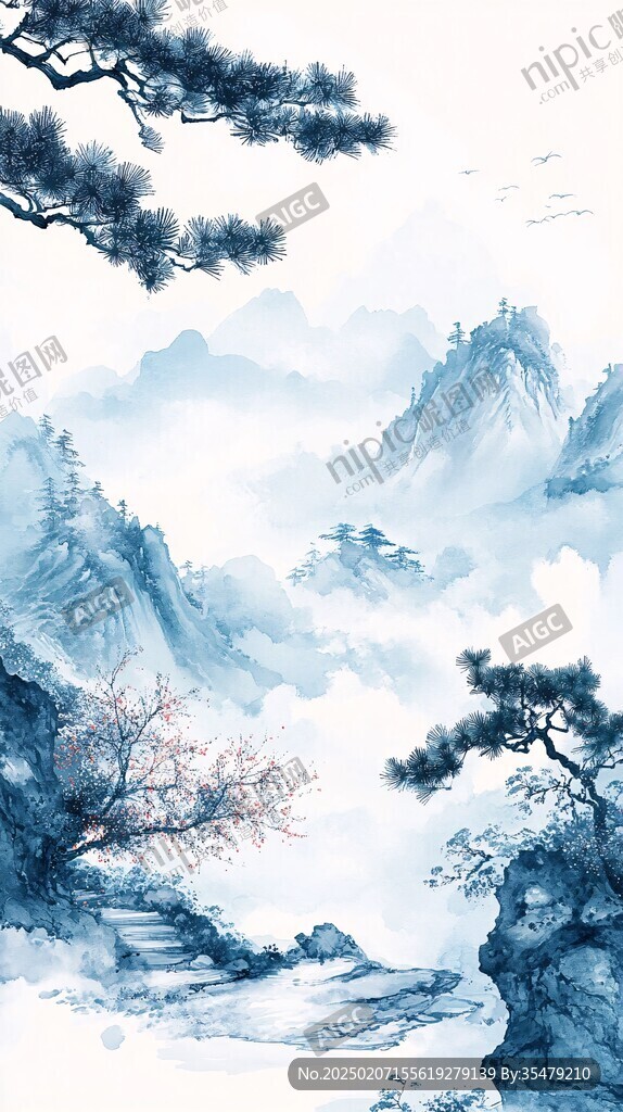 迎客松松树禅意山水