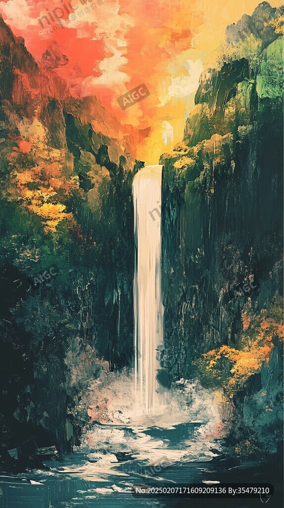 山水风景油画瀑布