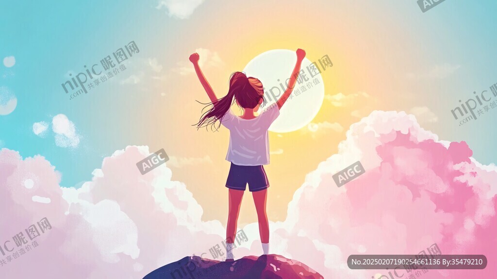 女学生夕阳下插画