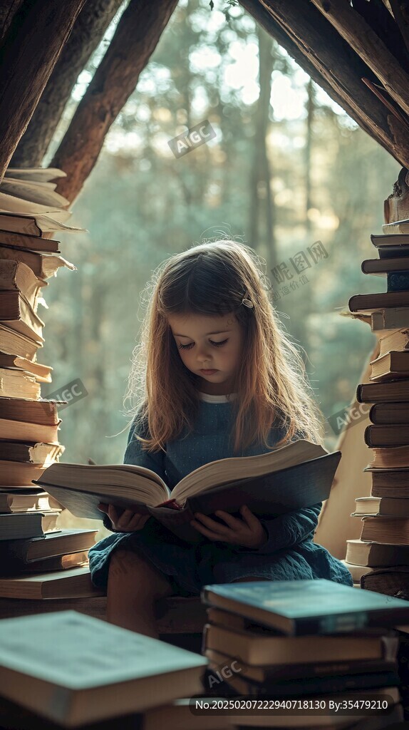 认真看书的小姑娘