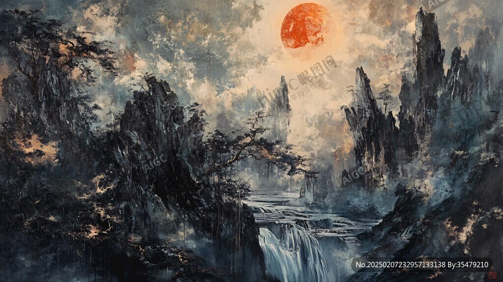 红日水墨山水