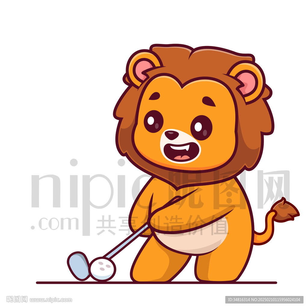 可爱卡通打高尔夫球的狮子