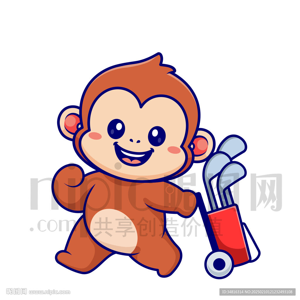 可爱卡通打高尔夫球的猴子