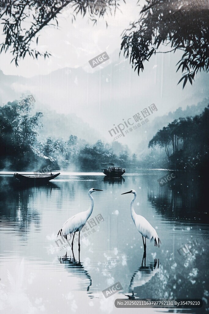 唯美仙鹤风景插画