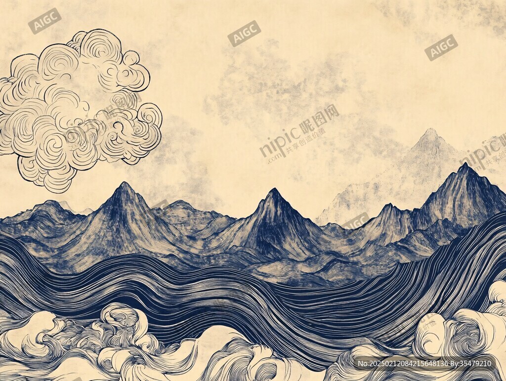 高端山水线包装插画