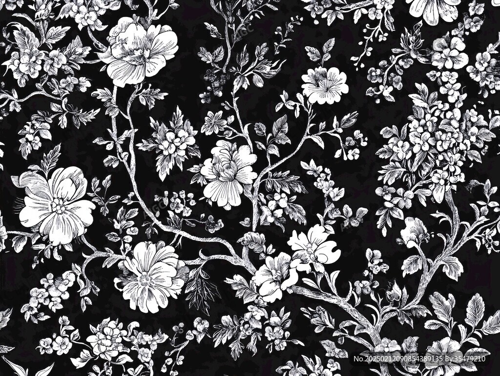 传统印花设计黑底花朵