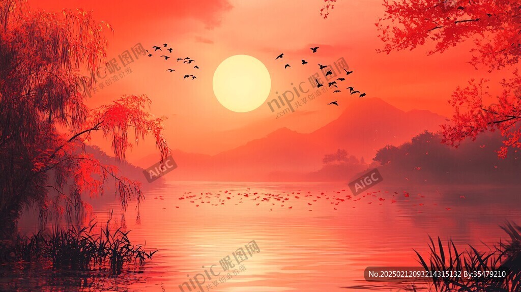 唯美仙鹤风景插画