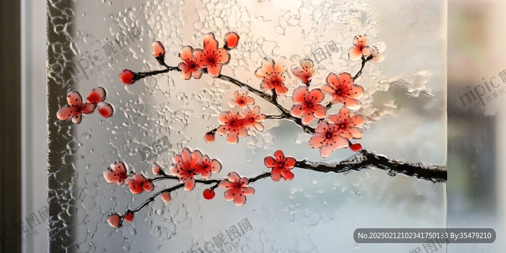 手绘梅花玻璃画