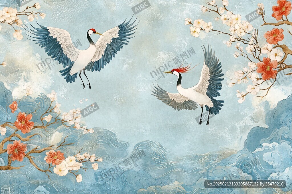 仙鹤云纹山水插画