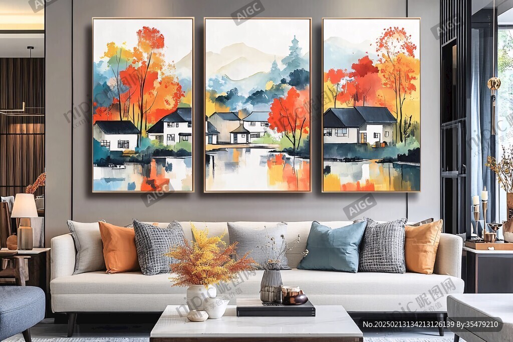 高清彩色客厅山水