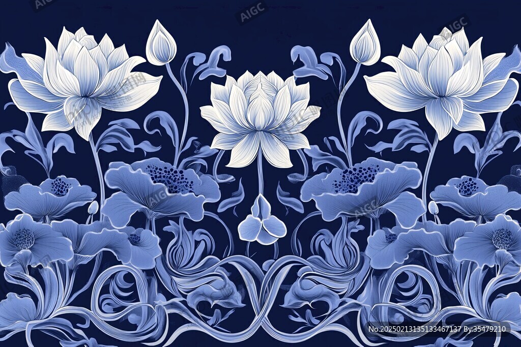 深蓝背景荷花图
