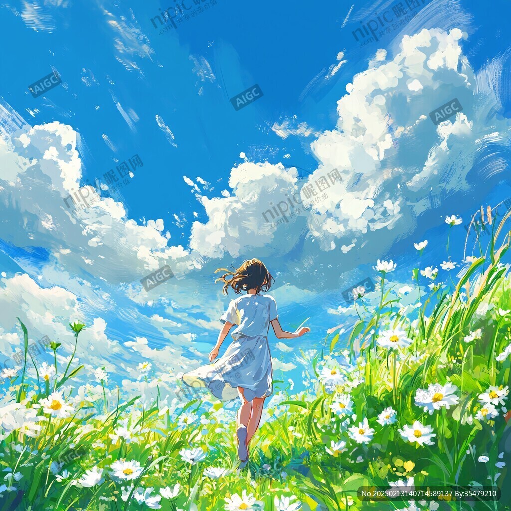 蓝天白云女孩插画