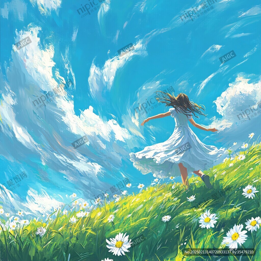 蓝天白云女孩插画