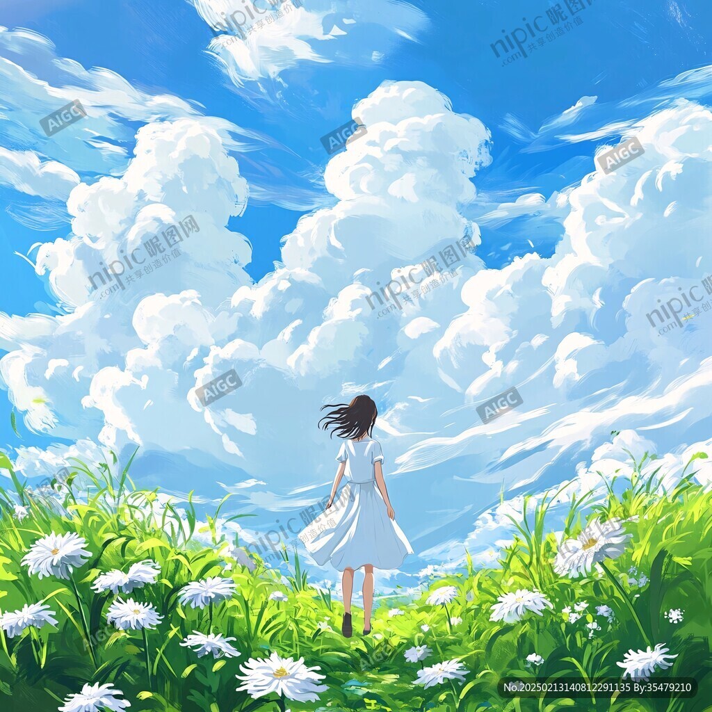 蓝天白云女孩插画