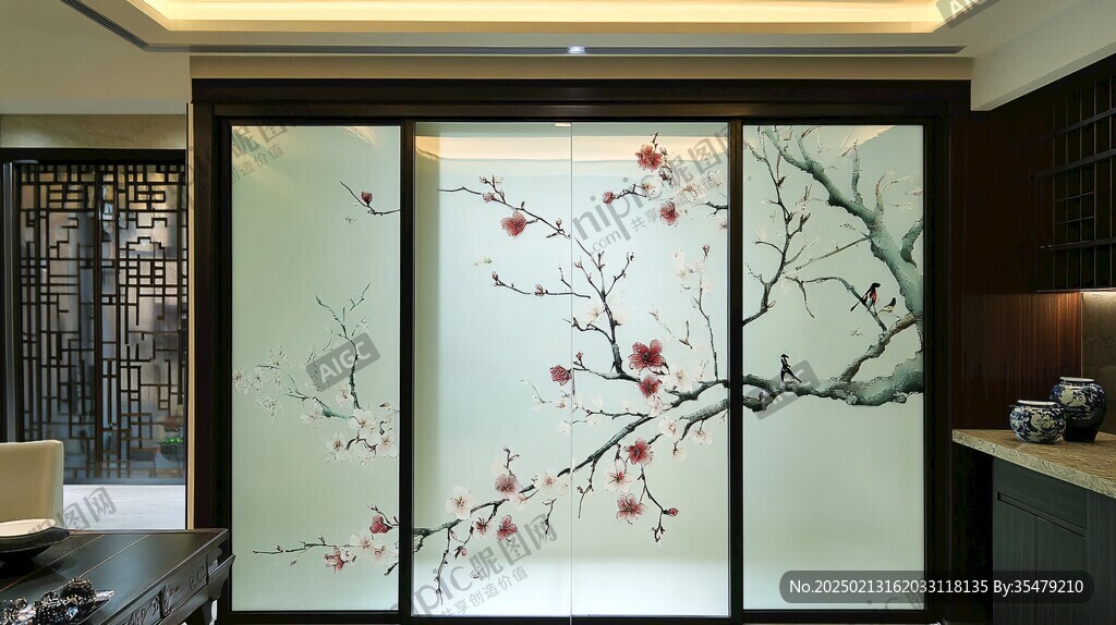 手绘梅花玻璃画