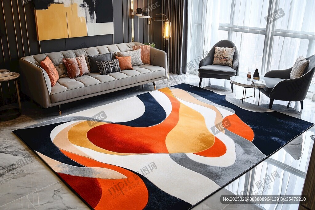 巨幅橙蓝抽象地毯纹