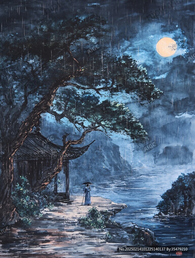 虎溪夜月景点插画