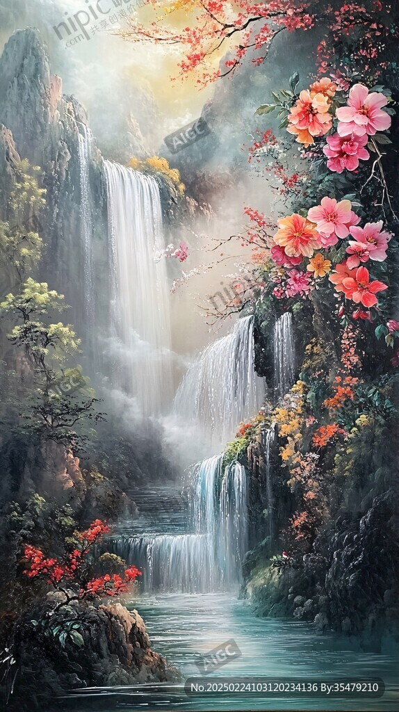 山水风景油画瀑布