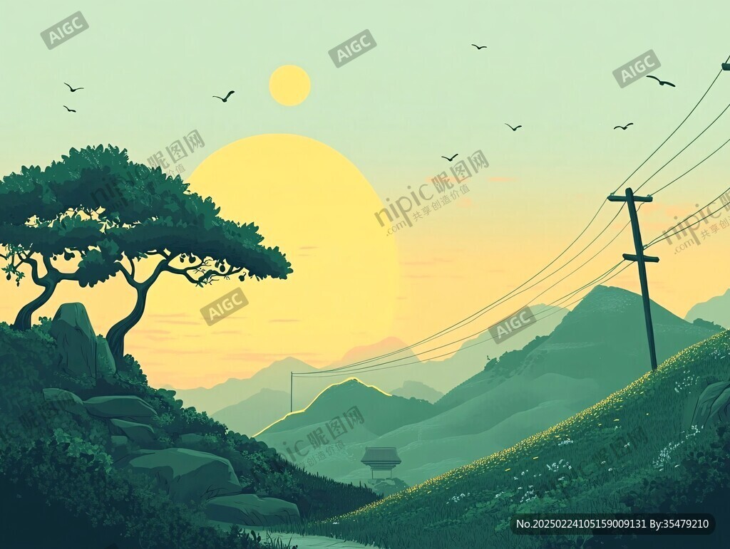 黄昏远山插画
